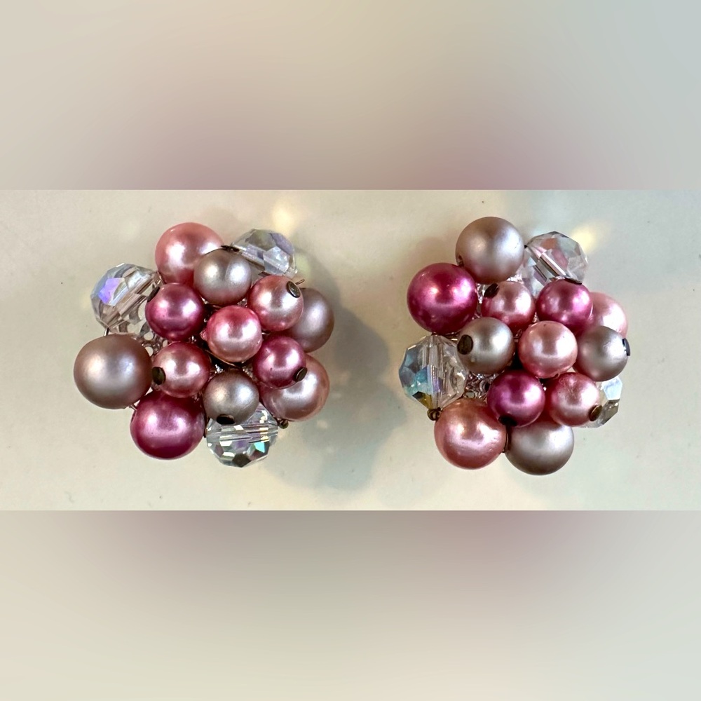 Vintage MCM Clip On Earrings Faux Pearl Pinks Clear Beads Cluster Signed Japan